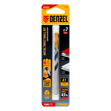 Сверло спиральное по металлу Denzel 7,0 x 109мм, Р6М5, Golden Tip, многогранная заточка 718280 купить в Нефтеюганске