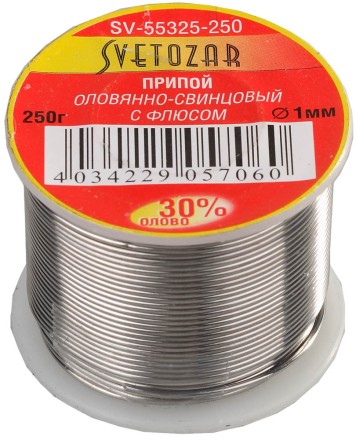 Припой СВЕТОЗАР оловянно-свинцовый, 30% Sn / 70% Pb, 250гр SV-55325-250 купить в Нефтеюганске