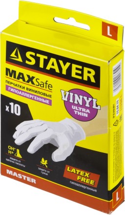 Перчатки STAYER &quot;MASTER&quot; виниловые экстратонкие, L, 10шт 11208-L купить в Нефтеюганске