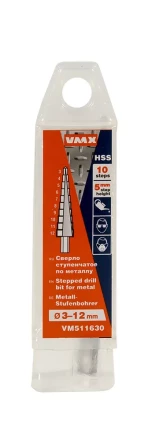 Сверло для металла ступенчатое 3-12мм 10 ступ шаг 1 ход 5 VMX 511630 купить в Нефтеюганске