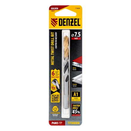 Сверло спиральное по металлу Denzel 7,5 x 109мм, Р6М5, Golden Tip, многогранная заточка, 718281 купить в Нефтеюганске