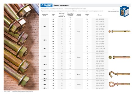 ЗУБР М8 х 65 мм, 50 шт, анкерный болт с гайкой, Профессионал (302342-08-065) купить в Нефтеюганске