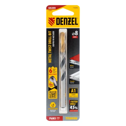 Сверло спиральное по металлу Denzel 8 x 117мм, Р6М5, Golden Tip, многогранная заточка, 718282 купить в Нефтеюганске