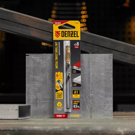 Сверло спиральное по металлу Denzel 8 x 117мм, Р6М5, Golden Tip, многогранная заточка, 718282 купить в Нефтеюганске