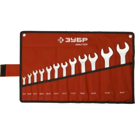 Набор ЗУБР "МАСТЕР": Ключ гаечный рожковый, Cr-V сталь, хромированный, 6-32мм, 12шт 27010-H12 купить в Нефтеюганске