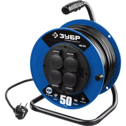 Удлинитель на катушке "ПВС 315", 50 м, 3500 Вт, 4 гнезда, IP44, ПВС 3х1,5 кв мм, ЗУБР 55081-50 купить в Нефтеюганске