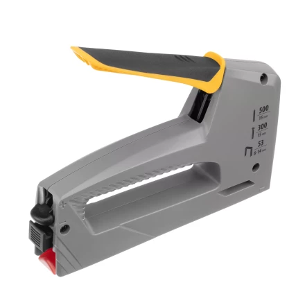 Степлер мебельный Denzel 40213, пластиковый корпус, тип 53, 6-14 мм, тип 300, 15 мм, тип 500, 15 мм купить в Нефтеюганске