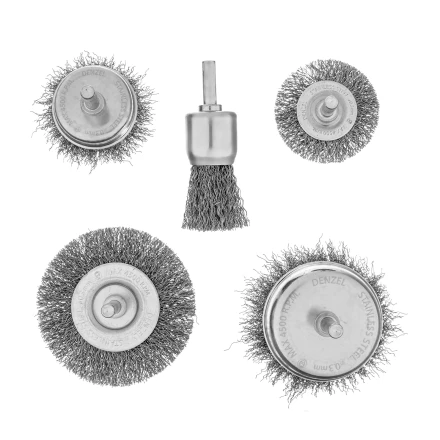 Набор щеток для дрели Denzel, 2 Плоские 50-75мм, 3 Чашки 25-50-75мм, шпилька,  нерж.вит. проволока 74493 купить в Нефтеюганске