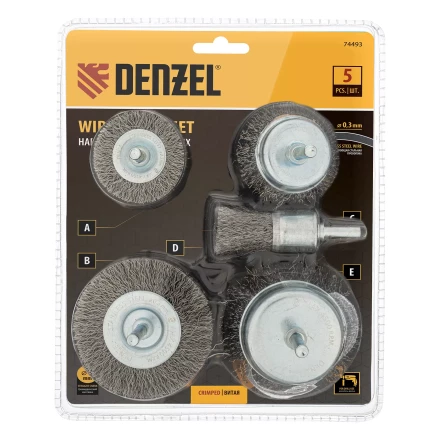 Набор щеток для дрели Denzel, 2 Плоские 50-75мм, 3 Чашки 25-50-75мм, шпилька,  нерж.вит. проволока 74493 купить в Нефтеюганске