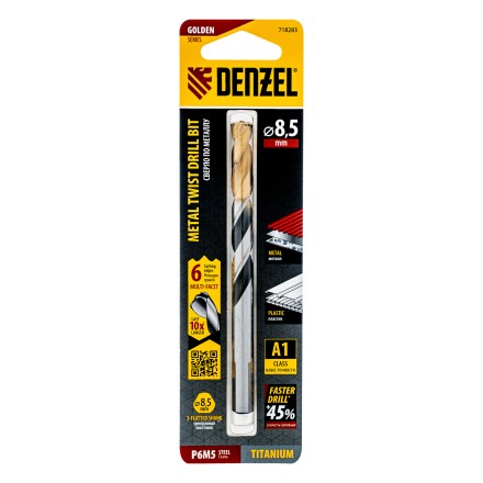 Сверло спиральное по металлу Denzel, 8,5 x 117мм, Р6М5, Golden Tip, многогранная заточка, 718283 купить в Нефтеюганске
