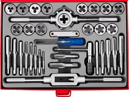 Набор ЗУБР &quot;ЭКСПЕРТ&quot; с металлореж. инструментом, метчики однопроходные и плашки М3-М12, оснастка-в метал. боксе, 35пред. 28117-H35 купить в Нефтеюганске