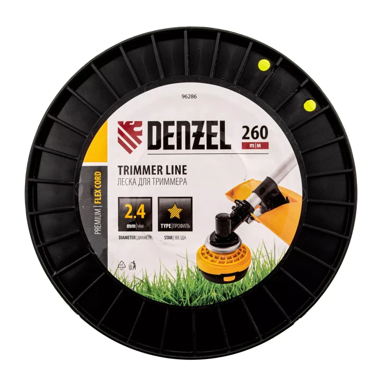 Леска для триммера звезда Denzel, 2,4мм х 260м, на DIN катушке FLEX CORD, 96286 купить в Нефтеюганске