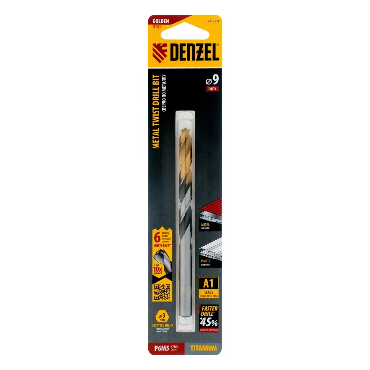 Сверло спиральное по металлу Denzel 9 x 125мм, Р6М5, Golden Tip, многогранная заточка, 718284 купить в Нефтеюганске