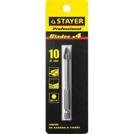 Сверло по кафелю, керамике, стеклу, с четырьмя режущими лезвиями, шестигранный хвостовик, 10 мм, STAYER &quot;PROFESSIONAL&quot; 2985-10 2985-10_z01 купить в Нефтеюганске