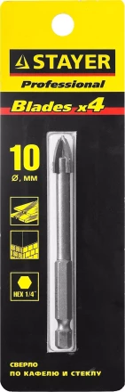 Сверло по кафелю, керамике, стеклу, с четырьмя режущими лезвиями, шестигранный хвостовик, 10 мм, STAYER &quot;PROFESSIONAL&quot; 2985-10 2985-10_z01 купить в Нефтеюганске