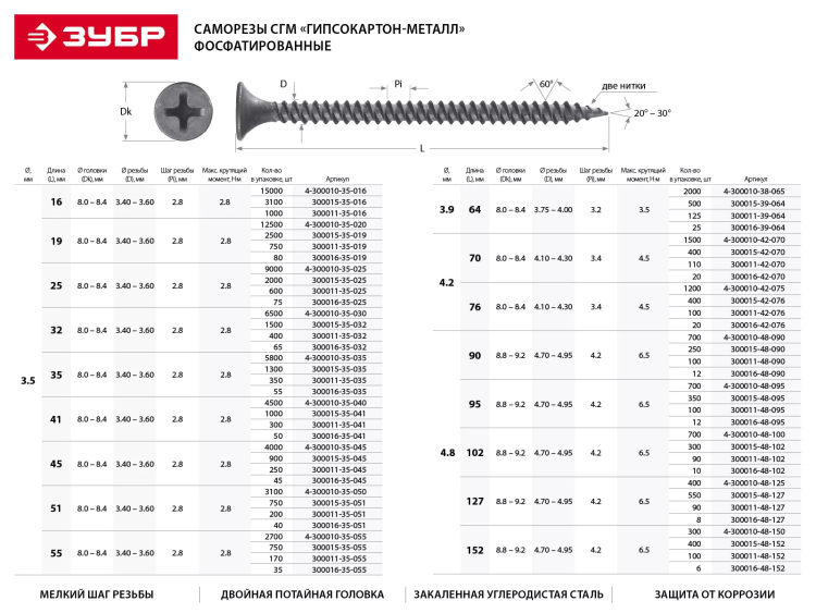 Саморезы фосфатированные с мелкой резьбой, гипсокартон-металл, ЗУБР 300016-48-127, PH2, 4,8 x 127 мм, 8 шт 300016-48-127 купить в Нефтеюганске