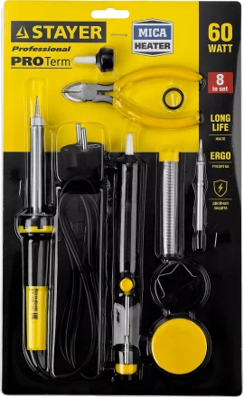 Набор STAYER &quot;PROFI&quot; для паяльных работ, паяльник 55300 + подставка + припой + жало сменное + шприц + насадка на жало + канифоль + кусачки, 60 Вт 55314-60-H8 купить в Нефтеюганске