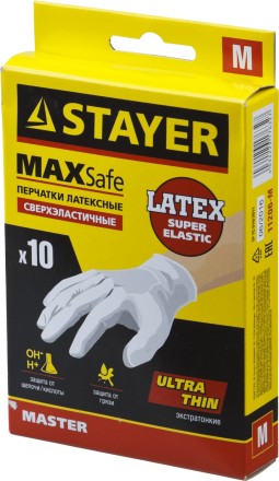 Перчатки STAYER &quot;MASTER&quot; латексные экстратонкие, M, 10шт 11206-M купить в Нефтеюганске