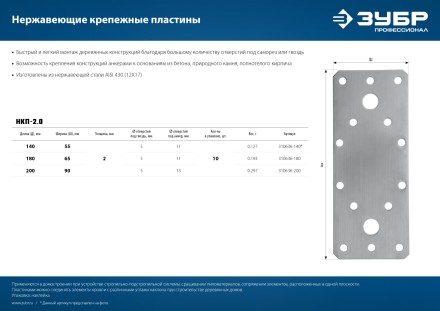 ЗУБР НКП-2.0, 180 x 65 x 2 мм, нержавеющая крепежная пластина, Профессионал (310636-180) купить в Нефтеюганске