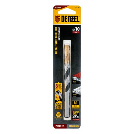 Сверло спиральное по металлу Denzel 10 x 133мм, Р6М5, Golden Tip, многогранная заточка, 718285 купить в Нефтеюганске