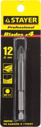 Сверло по кафелю, керамике, стеклу, с четырьмя режущими лезвиями, шестигранный хвостовик, 12 мм, STAYER &quot;PROFESSIONAL&quot; 2985-12 2985-12_z01 купить в Нефтеюганске