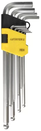 Набор STAYER Ключи &quot;MASTER&quot; имбусовые длинные с шариком, Cr-V, сатинир. покрытие, пластик. держатель, HEX 1,5-10мм, 9 пр 2741-H9-2 купить в Нефтеюганске