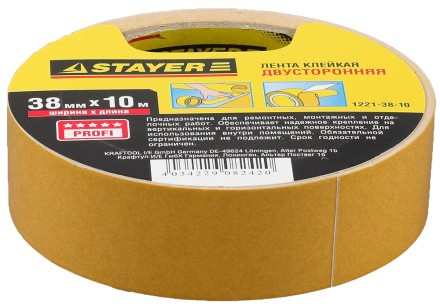 Двухсторонняя клейкая лента на полипропиленовой основе, STAYER 1221-38-10, 38мм х 10м 1221-38-10 купить в Нефтеюганске