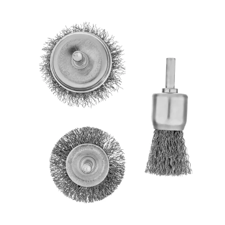 Набор щеток для дрели, 1 Плоская 50мм, 2 Чашки 25-50мм, шпилька, нерж. вит. проволока Denzel 74491 купить в Нефтеюганске