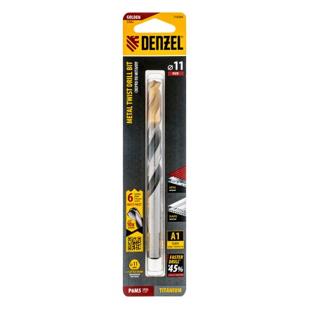 Сверло спиральное по металлу Denzel, 11 x 142мм, Р6М5, Golden Tip, многогранная заточка, 718286 купить в Нефтеюганске