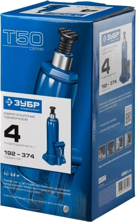 Домкрат гидравлический бутылочный T50, 4т, 192-374мм, ЗУБР Профессионал 43060-4 43060-4_z01 купить в Нефтеюганске