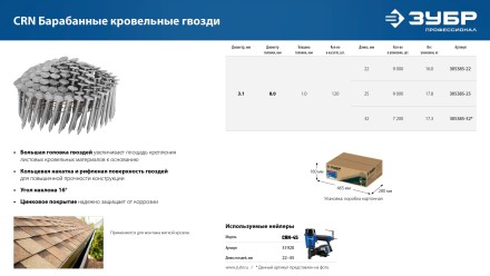 ЗУБР CRN 22 х 3.1 мм, барабанные гвозди кровельные оцинкованные, 9000 шт (305385-22) купить в Нефтеюганске