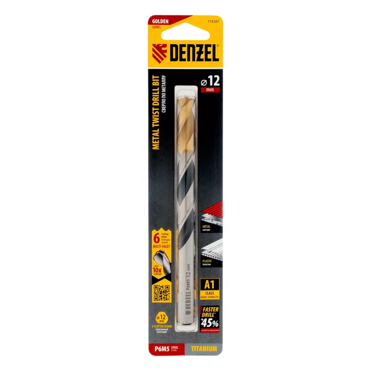Сверло спиральное по металлу Denzel 12 x 151мм, Р6М5, Golden Tip, многогранная заточка, 718287 купить в Нефтеюганске