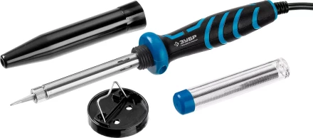 Паяльник ЗУБР &quot;ПРОФЕССИОНАЛ&quot; с двухкомпонентной рукояткой и защитным колпачком в наборе с припоем и подставкой, 40Вт, конус 55402-40_z01 купить в Нефтеюганске