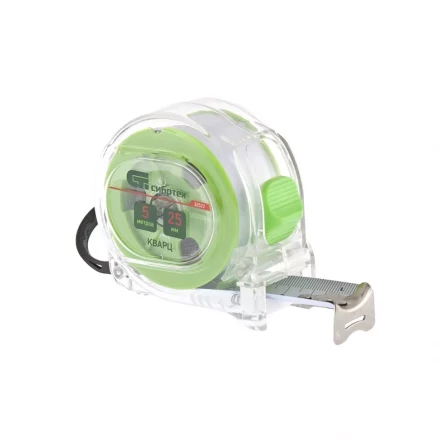 Рулетка Кварц, прозрачный корпус, амортизатор, 5 м х 25 мм  СИБРТЕХ 32522 купить в Нефтеюганске