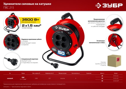 ЗУБР ПВС-215, ПВС, 2 х 1.5 мм2, 20 м, 3500 Вт, силовой удлинитель на катушке (55103-20) купить в Нефтеюганске