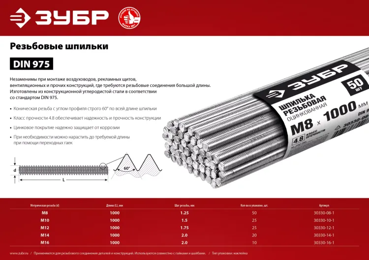 ЗУБР DIN 975, кл. пр. 4.8, М16 х 1000 мм, цинк, 10 шт, резьбовая шпилька (30330-16-1) купить в Нефтеюганске