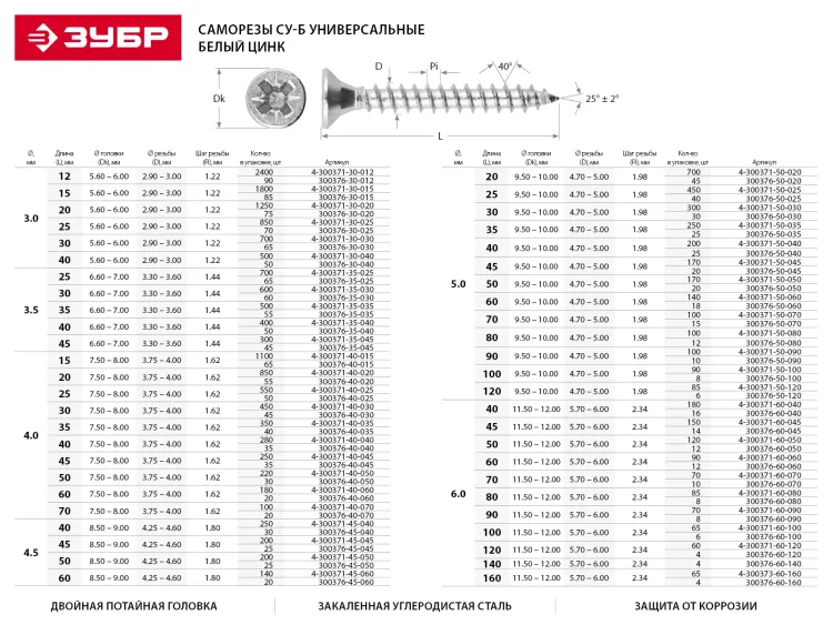 Шурупы ЗУБР по дереву оцинкованные, 5.0x70мм, 7шт 4-300376-50-070 купить в Нефтеюганске