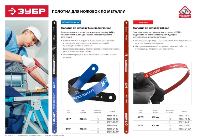Полотно ЗУБР "МАСТЕР" по металлу 24 TPI  (шаг 1.0мм), Универсальное, 50шт 15853-24-50 купить в Нефтеюганске
