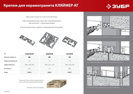 ЗУБР Кляймер-КГ, 10 x 20 x 75 мм, цинк, 60 шт, стартовый крепеж для керамогранита (30856) купить в Нефтеюганске