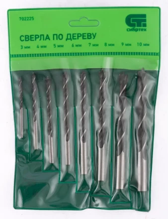 Набор сверл по дереву 3-4-5-6-7-8-9-10 мм 8 штук цилиндрический хвостовик СИБРТЕХ 702225 купить в Нефтеюганске