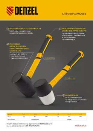 Киянка резиновая, 225 г, черно-белая, фибергласовая рукоятка c TPR покрытием Denzel 11101 купить в Нефтеюганске