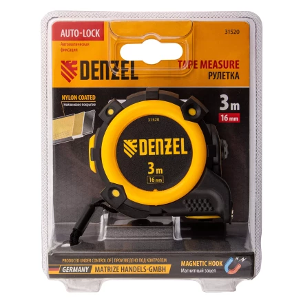 Рулетка Denzel 3м х 16мм, автоматич. фиксац., нейлон. покрытие, магнит. зацеп, двухстор. разметка, 31520 купить в Нефтеюганске