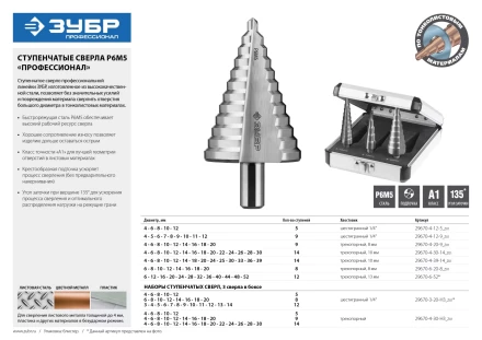 Набор ЗУБР ступенчатых сверл по сталям и цвет. мет. ст. Р6М5, d=3-14мм, 12ступ. d=4-12мм 5 ступ., d=6-20мм 14ступ. 29670-3-20-H3_z01 купить в Нефтеюганске