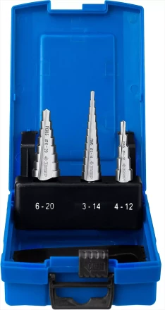 Набор ЗУБР ступенчатых сверл по сталям и цвет. мет. ст. Р6М5, d=3-14мм, 12ступ. d=4-12мм 5 ступ., d=6-20мм 14ступ. 29670-3-20-H3_z01 купить в Нефтеюганске