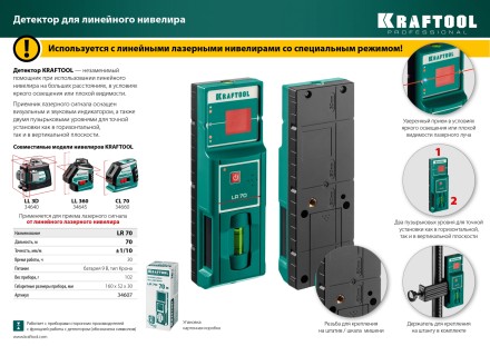 Детектор для линейного нивелира, KRAFTOOL 34607 купить в Нефтеюганске