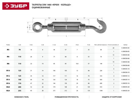 Талреп ЗУБР &quot;ПРОФЕССИОНАЛ&quot;  DIN 1480, крюк-кольцо, оцинкованный, кованая натяжная муфта, М16, ТФ16, 2 шт 4-304355-16 купить в Нефтеюганске