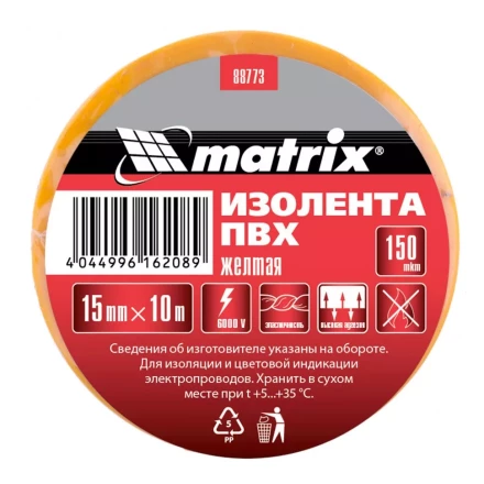 Изолента ПВХ 15 мм х 10 м желтая 150 мкм Matrix 88773 купить в Нефтеюганске
