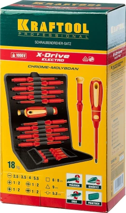 Набор &quot;Х-Drive ELECTRO&quot;: Высоковольтные отвертки, сменные стержни, ключи специальные, до 1000В, 18 предм, KRAFTOOL 220092-H18 купить в Нефтеюганске