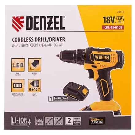 Дрель-шуруповерт аккумуляторная Denzel 26115, CDL-18-01CB, Li-Ion, 18 В, 1 аккумулятор купить в Нефтеюганске