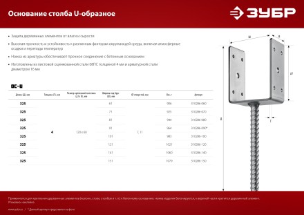 ЗУБР ОС-U, 101 x 120 x 60 мм, U-образное основание столба (310286-100) купить в Нефтеюганске